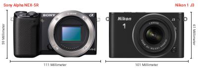 Größenvergleich: Sony Alpha NEX-5R vs. Nikon 1 J3