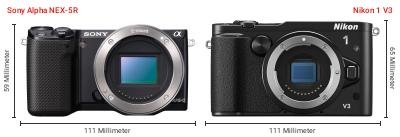 Größenvergleich: Sony Alpha NEX-5R vs. Nikon 1 V3 Größenvergleich: Sony Alpha NEX-5R vs. Nikon 1 V3