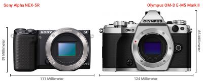 Größenvergleich: Sony Alpha NEX-5R vs. OM System OM-D E-M5 Mark II Größenvergleich: Sony Alpha NEX-5R vs. OM System OM-D E-M5 Mark II