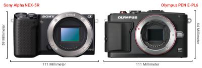 Größenvergleich: Sony Alpha NEX-5R vs. OM System PEN E-PL6 Größenvergleich: Sony Alpha NEX-5R vs. OM System PEN E-PL6