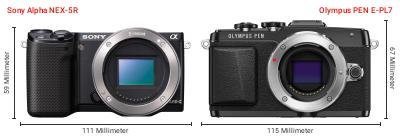 Größenvergleich: Sony Alpha NEX-5R vs. OM System PEN E-PL7 Größenvergleich: Sony Alpha NEX-5R vs. OM System PEN E-PL7