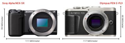 Größenvergleich: Sony Alpha NEX-5R vs. OM System PEN E-PL9 Größenvergleich: Sony Alpha NEX-5R vs. OM System PEN E-PL9