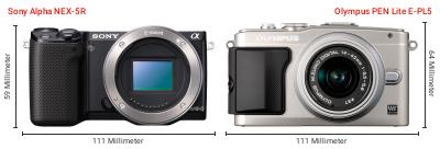Größenvergleich: Sony Alpha NEX-5R vs. OM System PEN Lite E-PL5 Größenvergleich: Sony Alpha NEX-5R vs. OM System PEN Lite E-PL5