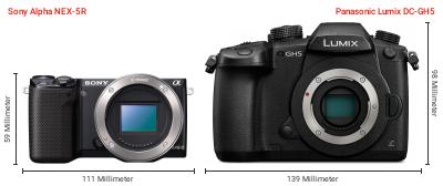 Größenvergleich: Sony Alpha NEX-5R vs. Panasonic Lumix DC-GH5 Größenvergleich: Sony Alpha NEX-5R vs. Panasonic Lumix DC-GH5