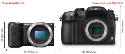 Größenvergleich: Sony Alpha NEX-5R vs. Panasonic Lumix DMC-GH3 Größenvergleich: Sony Alpha NEX-5R vs. Panasonic Lumix DMC-GH3