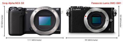 Größenvergleich: Sony Alpha NEX-5R vs. Panasonic Lumix DMC-GM1 Größenvergleich: Sony Alpha NEX-5R vs. Panasonic Lumix DMC-GM1