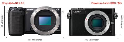 Größenvergleich: Sony Alpha NEX-5R vs. Panasonic Lumix DMC-GM5 Größenvergleich: Sony Alpha NEX-5R vs. Panasonic Lumix DMC-GM5