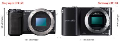Größenvergleich: Sony Alpha NEX-5R vs. Samsung NX1100 Größenvergleich: Sony Alpha NEX-5R vs. Samsung NX1100