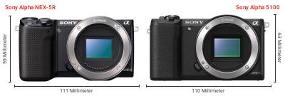 Größenvergleich: Sony Alpha NEX-5R vs. Sony Alpha 5100 Größenvergleich: Sony Alpha NEX-5R vs. Sony Alpha 5100