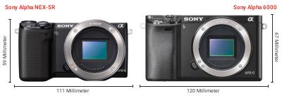 Größenvergleich: Sony Alpha NEX-5R vs. Sony Alpha 6000 Größenvergleich: Sony Alpha NEX-5R vs. Sony Alpha 6000