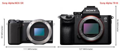 Größenvergleich: Sony Alpha NEX-5R vs. Sony Alpha 7R III Größenvergleich: Sony Alpha NEX-5R vs. Sony Alpha 7R III
