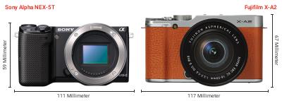 Größenvergleich: Sony Alpha NEX-5T vs. Fujifilm X-A2 Größenvergleich: Sony Alpha NEX-5T vs. Fujifilm X-A2