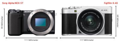 Größenvergleich: Sony Alpha NEX-5T vs. Fujifilm X-A5