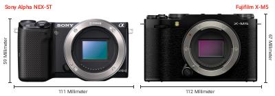 Größenvergleich: Sony Alpha NEX-5T vs. Fujifilm X-M5 Größenvergleich: Sony Alpha NEX-5T vs. Fujifilm X-M5