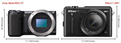 Größenvergleich: Sony Alpha NEX-5T vs. Nikon 1 AW1 Größenvergleich: Sony Alpha NEX-5T vs. Nikon 1 AW1