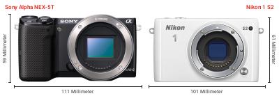 Größenvergleich: Sony Alpha NEX-5T vs. Nikon 1 S2 Größenvergleich: Sony Alpha NEX-5T vs. Nikon 1 S2