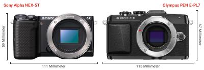 Größenvergleich: Sony Alpha NEX-5T vs. OM System PEN E-PL7 Größenvergleich: Sony Alpha NEX-5T vs. OM System PEN E-PL7