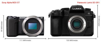 Größenvergleich: Sony Alpha NEX-5T vs. Panasonic Lumix DC-G91 Größenvergleich: Sony Alpha NEX-5T vs. Panasonic Lumix DC-G91