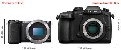 Größenvergleich: Sony Alpha NEX-5T vs. Panasonic Lumix DC-GH5 Größenvergleich: Sony Alpha NEX-5T vs. Panasonic Lumix DC-GH5