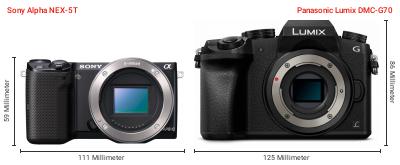 Größenvergleich: Sony Alpha NEX-5T vs. Panasonic Lumix DMC-G70 Größenvergleich: Sony Alpha NEX-5T vs. Panasonic Lumix DMC-G70