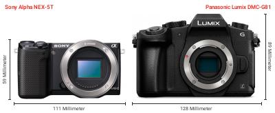 Größenvergleich: Sony Alpha NEX-5T vs. Panasonic Lumix DMC-G81 Größenvergleich: Sony Alpha NEX-5T vs. Panasonic Lumix DMC-G81