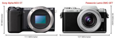 Größenvergleich: Sony Alpha NEX-5T vs. Panasonic Lumix DMC-GF7 Größenvergleich: Sony Alpha NEX-5T vs. Panasonic Lumix DMC-GF7