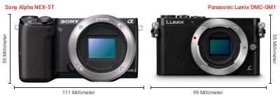 Größenvergleich: Sony Alpha NEX-5T vs. Panasonic Lumix DMC-GM1 Größenvergleich: Sony Alpha NEX-5T vs. Panasonic Lumix DMC-GM1
