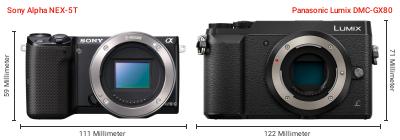 Größenvergleich: Sony Alpha NEX-5T vs. Panasonic Lumix DMC-GX80 Größenvergleich: Sony Alpha NEX-5T vs. Panasonic Lumix DMC-GX80