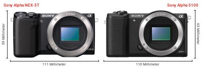 Größenvergleich: Sony Alpha NEX-5T vs. Sony Alpha 5100 Größenvergleich: Sony Alpha NEX-5T vs. Sony Alpha 5100