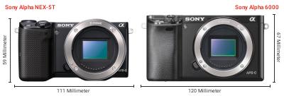 Größenvergleich: Sony Alpha NEX-5T vs. Sony Alpha 6000 Größenvergleich: Sony Alpha NEX-5T vs. Sony Alpha 6000