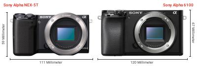Größenvergleich: Sony Alpha NEX-5T vs. Sony Alpha 6100 Größenvergleich: Sony Alpha NEX-5T vs. Sony Alpha 6100