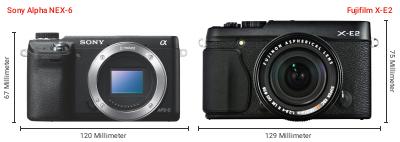 Größenvergleich: Sony Alpha NEX-6 vs. Fujifilm X-E2 Größenvergleich: Sony Alpha NEX-6 vs. Fujifilm X-E2