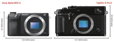 Größenvergleich: Sony Alpha NEX-6 vs. Fujifilm X-Pro3 Größenvergleich: Sony Alpha NEX-6 vs. Fujifilm X-Pro3