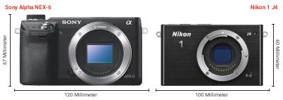 Größenvergleich: Sony Alpha NEX-6 vs. Nikon 1 J4 Größenvergleich: Sony Alpha NEX-6 vs. Nikon 1 J4
