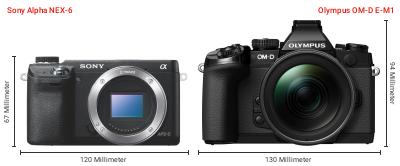 Größenvergleich: Sony Alpha NEX-6 vs. OM System OM-D E-M1 Größenvergleich: Sony Alpha NEX-6 vs. OM System OM-D E-M1