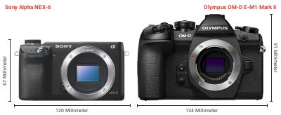 Größenvergleich: Sony Alpha NEX-6 vs. OM System OM-D E-M1 Mark II Größenvergleich: Sony Alpha NEX-6 vs. OM System OM-D E-M1 Mark II