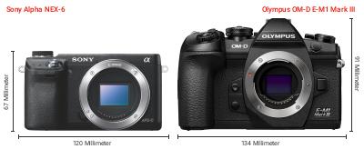 Größenvergleich: Sony Alpha NEX-6 vs. OM System OM-D E-M1 Mark III Größenvergleich: Sony Alpha NEX-6 vs. OM System OM-D E-M1 Mark III