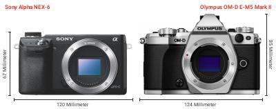 Größenvergleich: Sony Alpha NEX-6 vs. OM System OM-D E-M5 Mark II Größenvergleich: Sony Alpha NEX-6 vs. OM System OM-D E-M5 Mark II