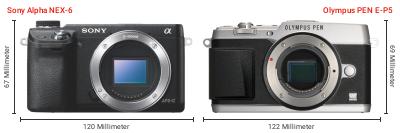 Größenvergleich: Sony Alpha NEX-6 vs. OM System PEN E-P5