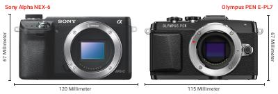 Größenvergleich: Sony Alpha NEX-6 vs. OM System PEN E-PL7