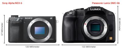Größenvergleich: Sony Alpha NEX-6 vs. Panasonic Lumix DMC-G6 Größenvergleich: Sony Alpha NEX-6 vs. Panasonic Lumix DMC-G6