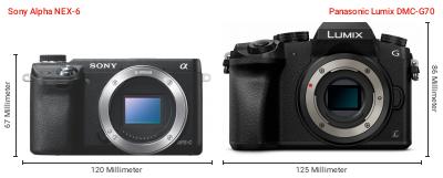 Größenvergleich: Sony Alpha NEX-6 vs. Panasonic Lumix DMC-G70 Größenvergleich: Sony Alpha NEX-6 vs. Panasonic Lumix DMC-G70