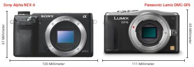 Größenvergleich: Sony Alpha NEX-6 vs. Panasonic Lumix DMC-GF6 Größenvergleich: Sony Alpha NEX-6 vs. Panasonic Lumix DMC-GF6