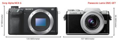 Größenvergleich: Sony Alpha NEX-6 vs. Panasonic Lumix DMC-GF7 Größenvergleich: Sony Alpha NEX-6 vs. Panasonic Lumix DMC-GF7
