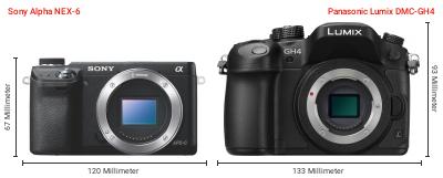 Größenvergleich: Sony Alpha NEX-6 vs. Panasonic Lumix DMC-GH4 Größenvergleich: Sony Alpha NEX-6 vs. Panasonic Lumix DMC-GH4