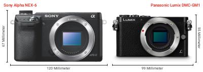 Größenvergleich: Sony Alpha NEX-6 vs. Panasonic Lumix DMC-GM1 Größenvergleich: Sony Alpha NEX-6 vs. Panasonic Lumix DMC-GM1