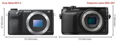 Größenvergleich: Sony Alpha NEX-6 vs. Panasonic Lumix DMC-GX7 Größenvergleich: Sony Alpha NEX-6 vs. Panasonic Lumix DMC-GX7