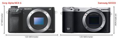 Größenvergleich: Sony Alpha NEX-6 vs. Samsung NX500 Größenvergleich: Sony Alpha NEX-6 vs. Samsung NX500