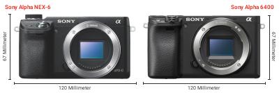 Größenvergleich: Sony Alpha NEX-6 vs. Sony Alpha 6400 Größenvergleich: Sony Alpha NEX-6 vs. Sony Alpha 6400