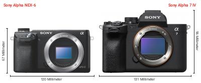 Größenvergleich: Sony Alpha NEX-6 vs. Sony Alpha 7 IV Größenvergleich: Sony Alpha NEX-6 vs. Sony Alpha 7 IV